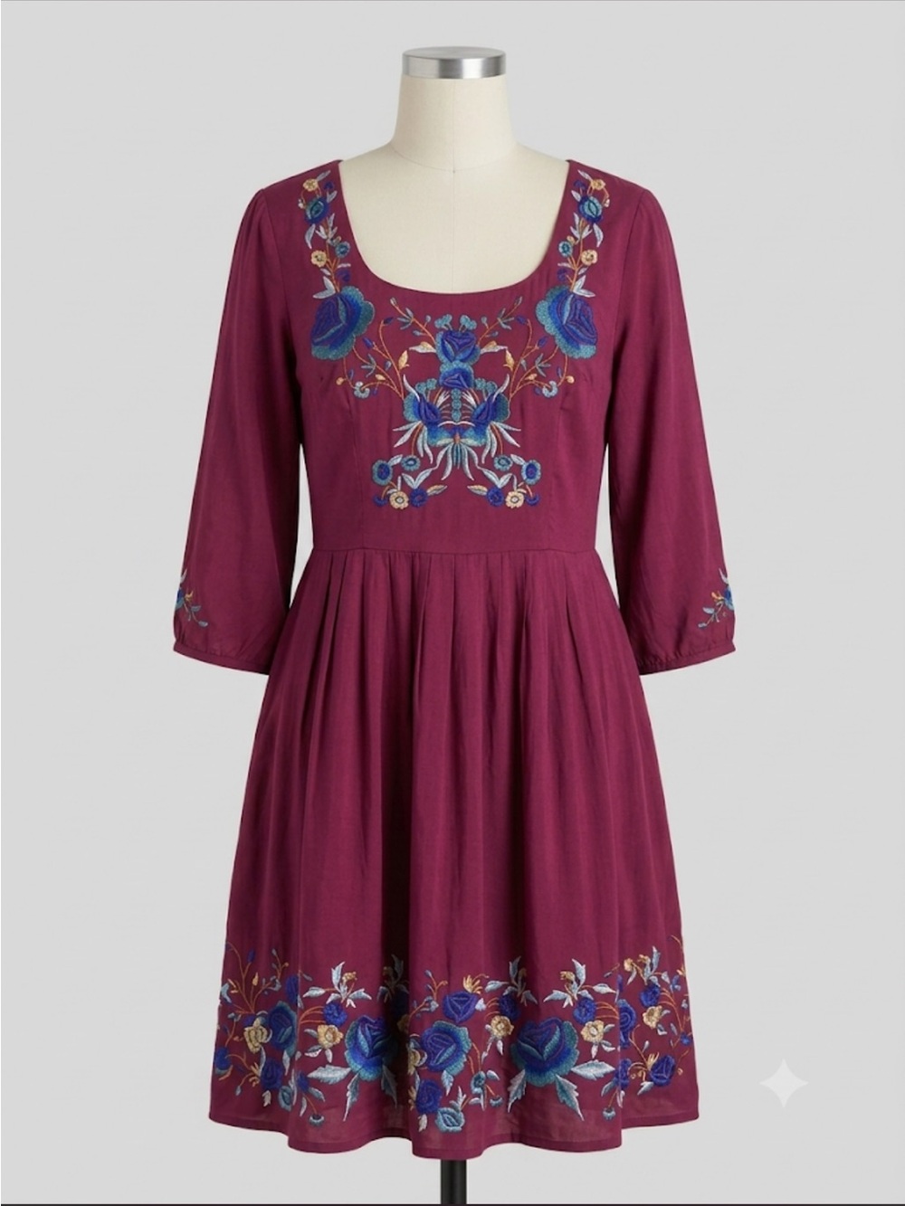 Sunny Girl Embroidery-Detail Plum Scoop-Neck Dress